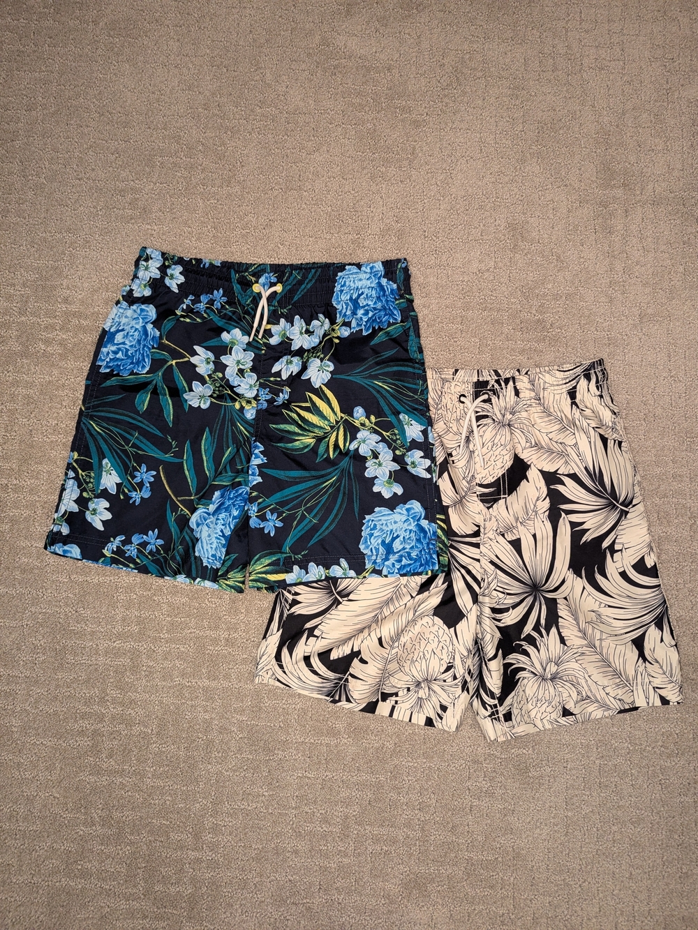 Old Navy Boy's Blue/Black Floral & Black/Cream Palm, Pineapple Swim Trunks Set